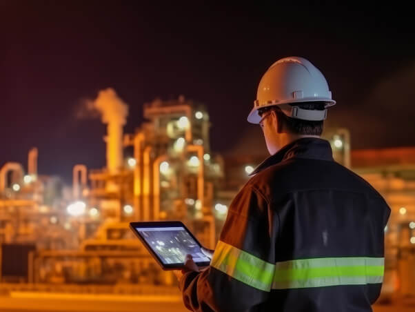 Factory worker in uniform holding a tablet Factory worker in uniform holding a tablet