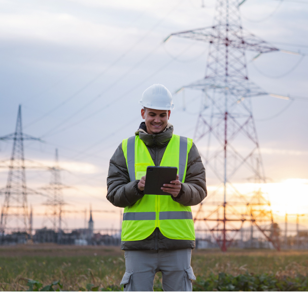 Utility worker in safety vest checking a tablet near high-voltage transmission towers at dusk