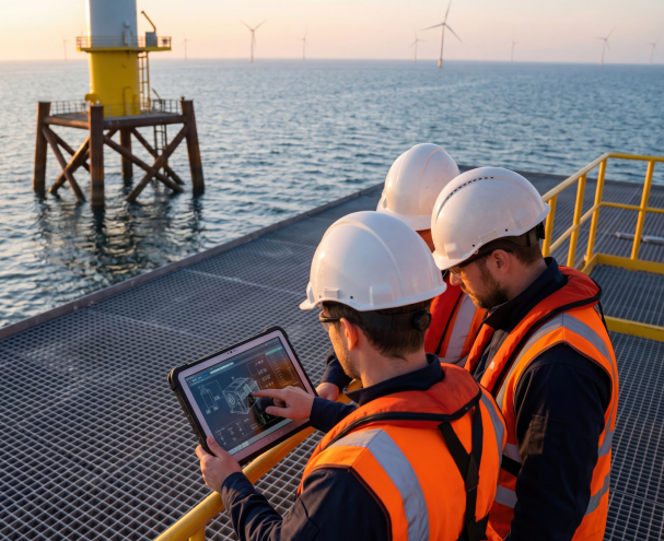 Three workers on an offshore platform reviewing data on a tablet with wind turbines in the background