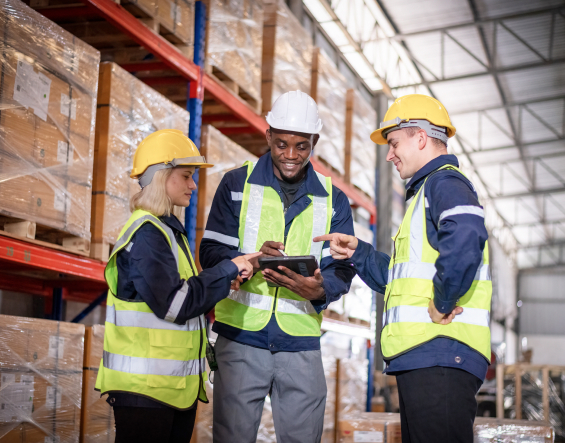 Three warehouse workers in hard hats and safety vests reviewing data on a tablet